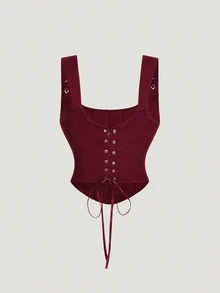 SHEIN MOD Plus Size Red Bow Front Tie Corset Tank Top Christmas - Burgundy - View 2