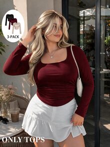 SHEIN MOD 3PCS Plus Size T-Shirts Fall Party Going Out Black Burgundy Grey Casual Streetwear - Burgundy - View 4