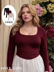 SHEIN MOD 3PCS Plus Size T-Shirts Fall Party Going Out Black Burgundy Grey Casual Streetwear - Burgundy - View 1