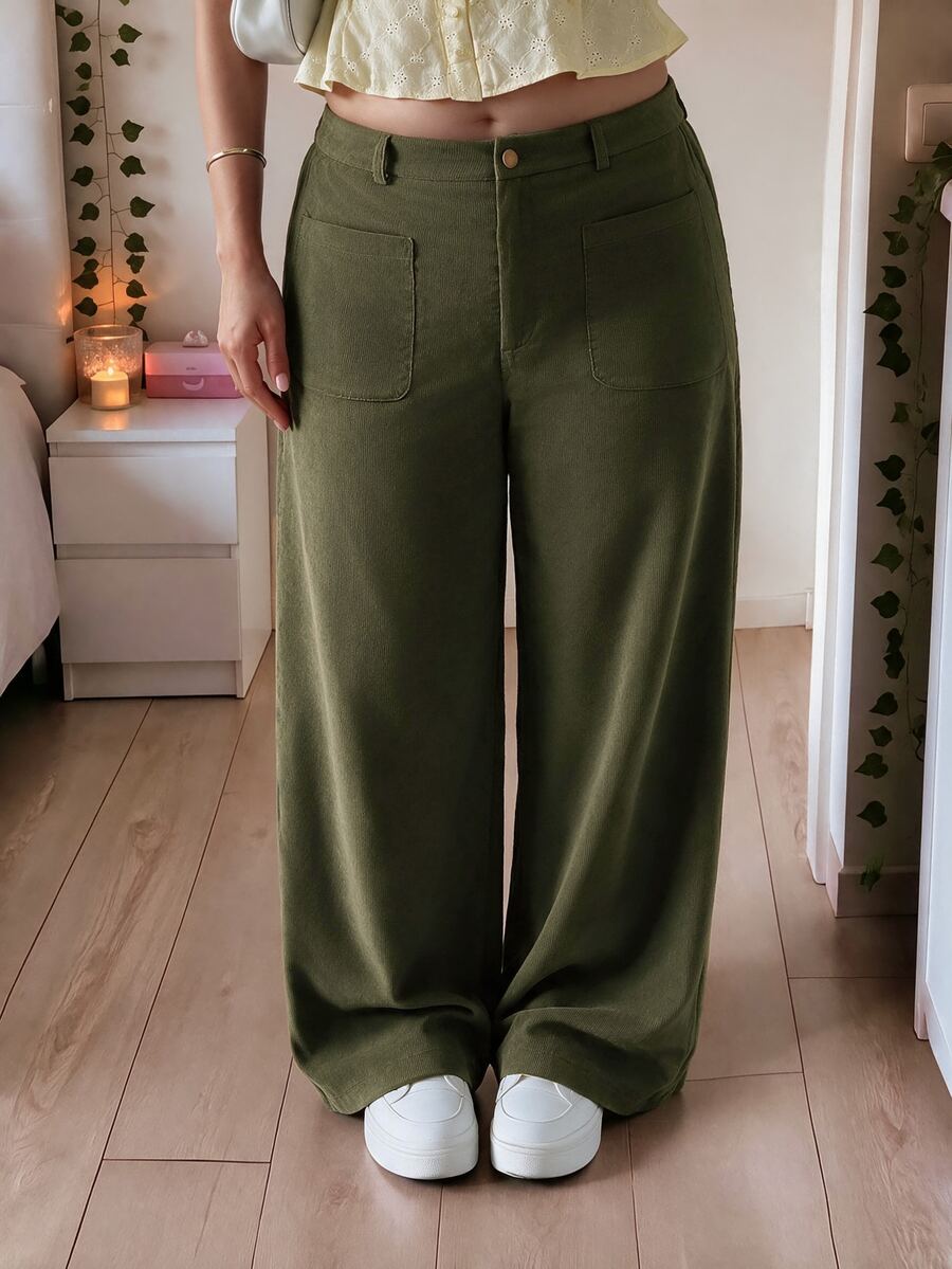 SHEIN MOD Pantalones rectos de talla grande con bolsillos - Verde militar - Ver 1
