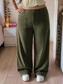SHEIN MOD Pantalones rectos de talla grande con bolsillos - Verde militar - Ver 4