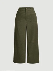 SHEIN MOD Pantalones rectos de talla grande con bolsillos - Verde militar - Ver 3
