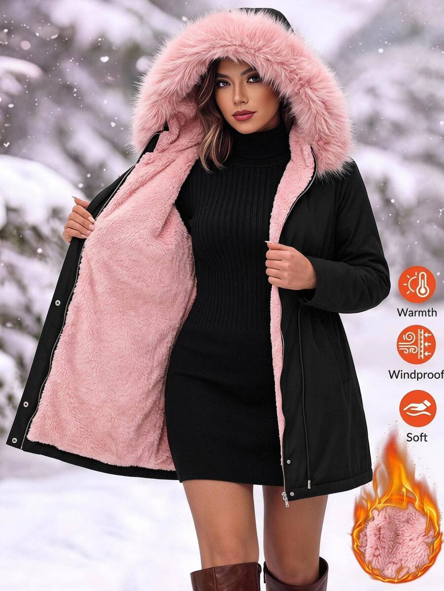 SHEIN Clasi Plus Size Autumn/Winter Thermal Lined Thick Fur Collar Hooded Jacket - Black - View 1