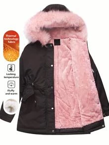 SHEIN Clasi Plus Size Autumn/Winter Thermal Lined Thick Fur Collar Hooded Jacket - Black - View 10