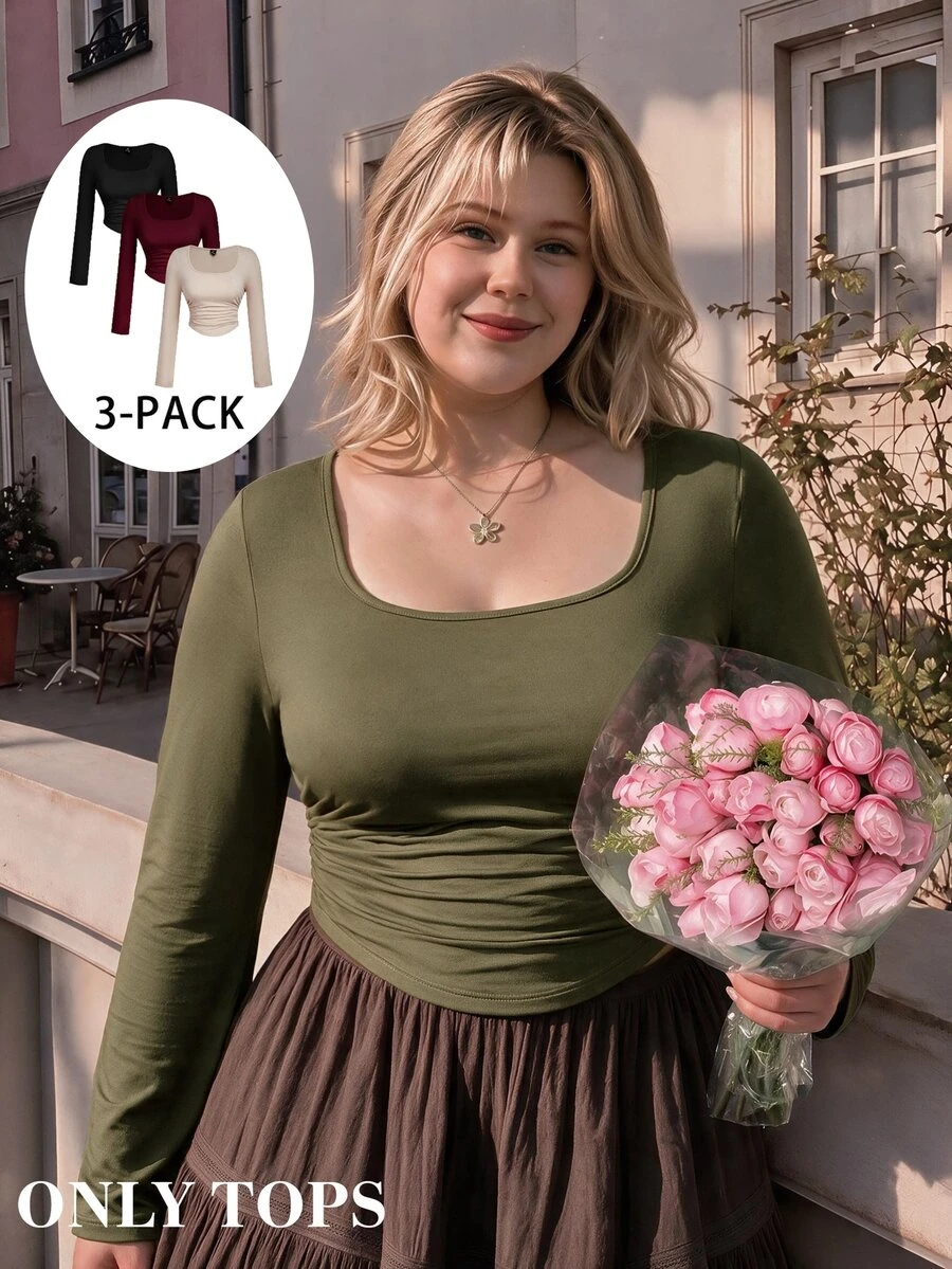 SHEIN MOD 3PCS Plus Size T-Shirts Fall Going Out Party Evening Chocolate Brown Grey Sexy Baggy - Army Green - View 1