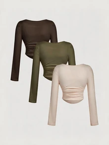SHEIN MOD 3PCS Plus Size T-Shirts Fall Going Out Party Evening Chocolate Brown Grey Sexy Baggy - Army Green - View 2