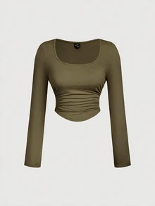 SHEIN MOD 3PCS Plus Size T-Shirts Fall Going Out Party Evening Chocolate Brown Grey Sexy Baggy - Army Green - View 8