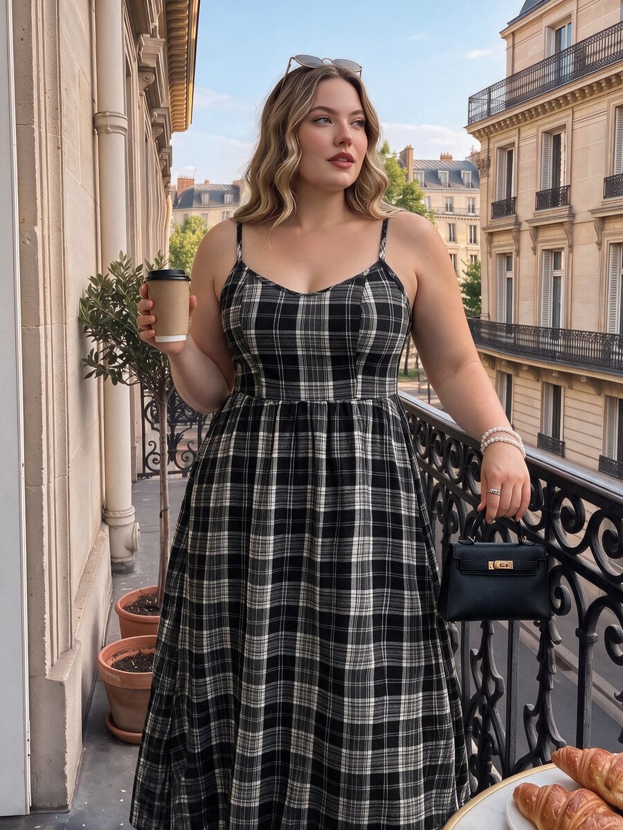 SHEIN MOD Plus Size Black Brushed Plaid Sleeveless Dress, For Summer - Black and White - View 1