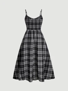 SHEIN MOD Plus Size Black Brushed Plaid Sleeveless Dress, For Summer - Black and White - View 2