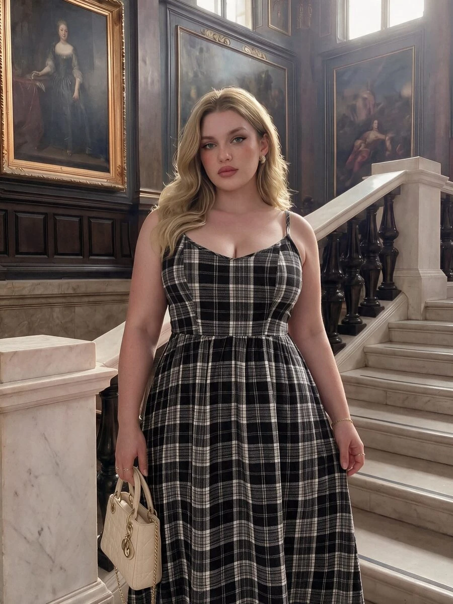 SHEIN MOD Plus Size Black Brushed Plaid Sleeveless Dress, For Summer - Black and White - View 1