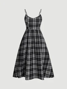 SHEIN MOD Plus Size Black Brushed Plaid Sleeveless Dress, For Summer - Black and White - View 3