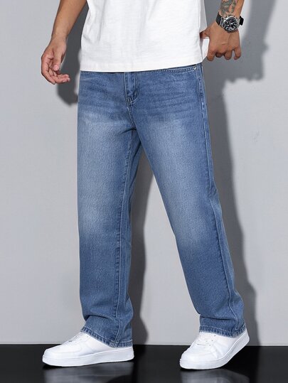 QuarKem Jean droit ample à lavage clair pour hommes, pantalon en denim coupe décontractée classique, pour un usage quotidien décontracté