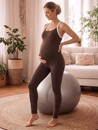 GentleRue Maternity Maternity Sportswear American Style Colorblock Backless Yoga Jumpsuit Tummy Control Butt Lift Ribbed Tight Fit Fitness Jumpsuit Suitable For Workout And Casual Wear