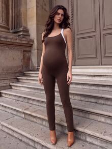 GentleRue Maternity Maternity Sportswear American Style Colorblock Backless Yoga Jumpsuit Tummy Control Butt Lift Ribbed Tight Fit Fitness Jumpsuit Suitable For Workout And Casual Wear - Brown - View 16