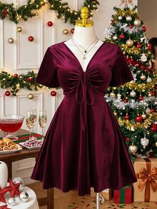 Comfortcana Gaun Kencan Seksi Wanita Ukuran Besar Warna Polos Leher V Berlipit untuk Natal - Burgundy - View 8