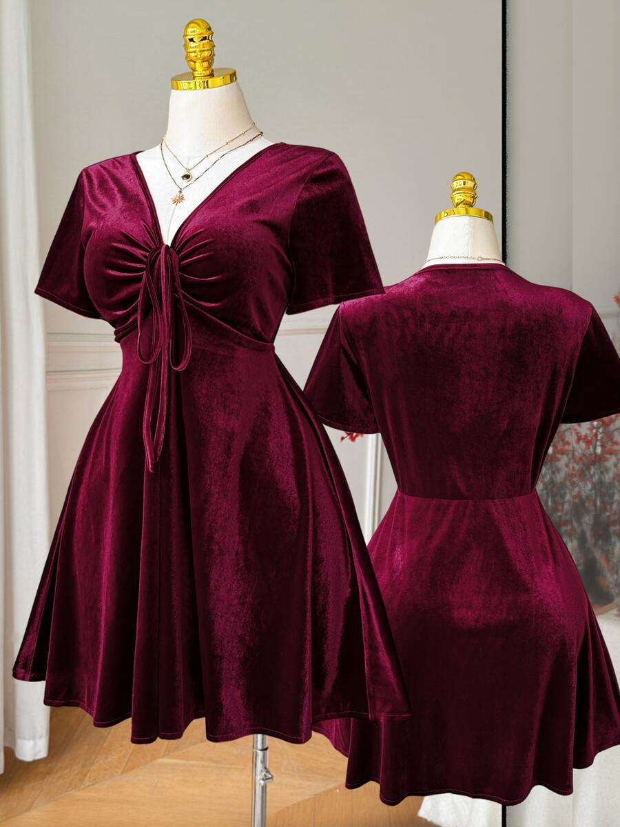 Comfortcana Gaun Kencan Seksi Wanita Ukuran Besar Warna Polos Leher V Berlipit untuk Natal - Burgundy - View 1