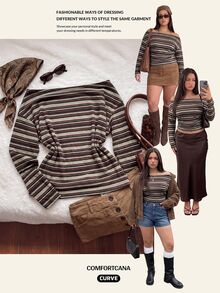 Comfortcana Women's Plus Size Casual Fashion Cold Shoulder Cinched Waist T-Shirt - Multicolor - View 1