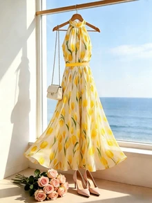 SHEIN 女款新款數位印花掛脖收腰洋裝，適合海灘早午餐、度假與旅行，白色花卉夏季浪漫歐風 - 黃色 - 查看 3