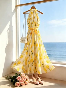 SHEIN 女款新款數位印花掛脖收腰洋裝，適合海灘早午餐、度假與旅行，白色花卉夏季浪漫歐風 - 黃色 - 查看 2