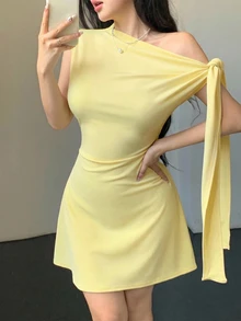 Celisse Women's Asymmetric Tie-Up Waist Short Dress - Light Yellow - View 5