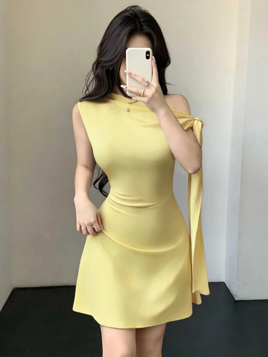 Celisse Women's Asymmetric Tie-Up Waist Short Dress - Light Yellow - View 1