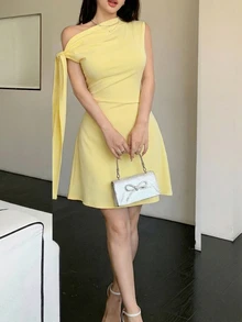 Celisse Women's Asymmetric Tie-Up Waist Short Dress - Light Yellow - View 4