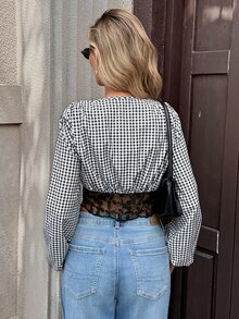 Serisse Women's Elegant Plaid & Lace Patchwork Long Sleeve Blouse - Black and White - View 3