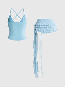 ROMWE Avant Y2K Glitter Camisole & Asymmetric Mesh Skirt 2 Pieces Set For Women, Suitable For Beach/Resort Wear - Baby Blue - View 2