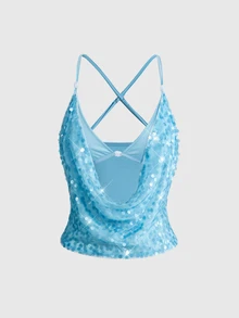 ROMWE Avant Y2K Glitter Camisole & Asymmetric Mesh Skirt 2 Pieces Set For Women, Suitable For Beach/Resort Wear - Baby Blue - View 3
