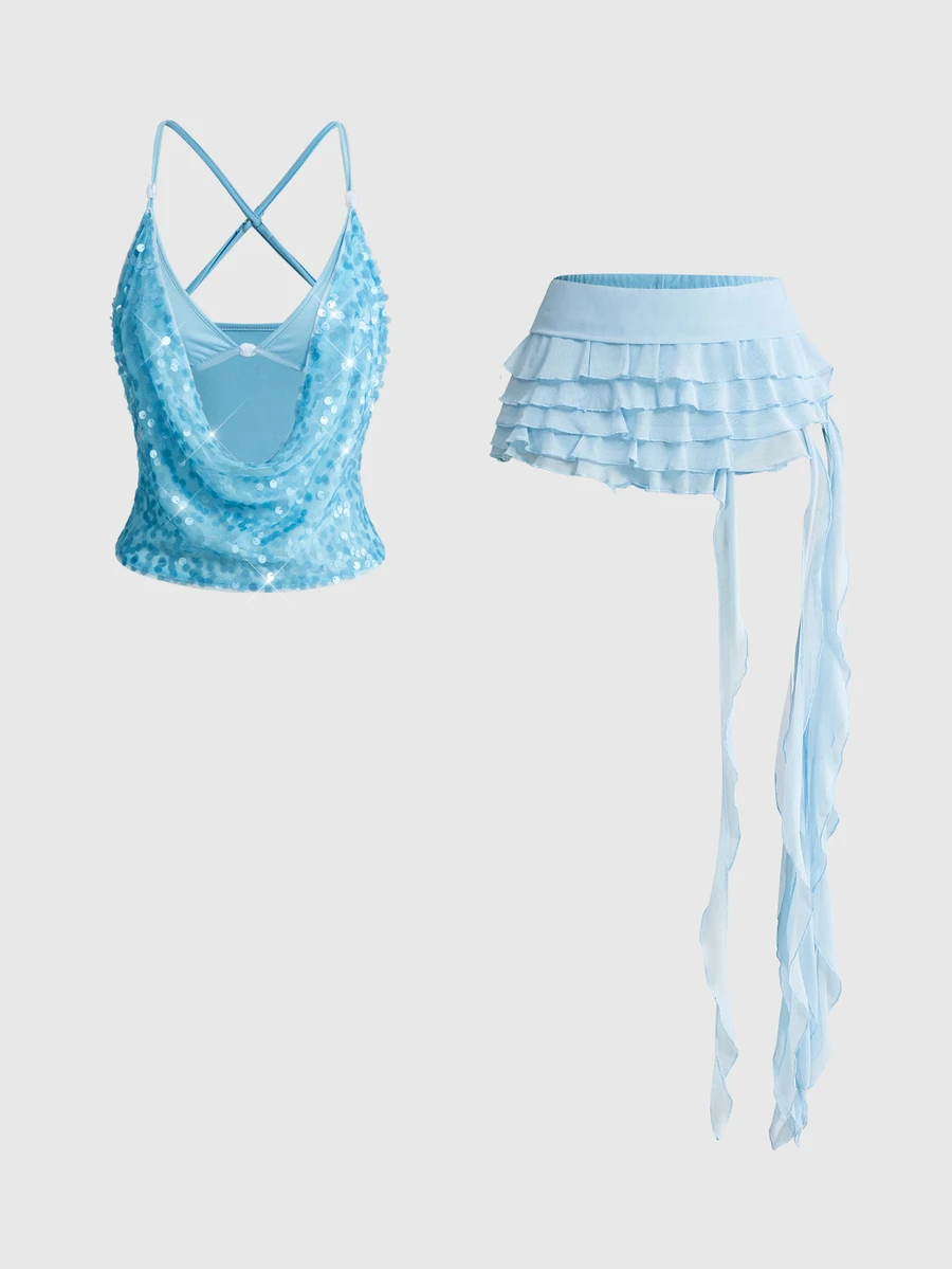 ROMWE Avant Y2K Glitter Camisole & Asymmetric Mesh Skirt 2 Pieces Set For Women, Suitable For Beach/Resort Wear - Baby Blue - View 1