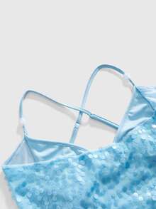 ROMWE Avant Y2K Glitter Camisole & Asymmetric Mesh Skirt 2 Pieces Set For Women, Suitable For Beach/Resort Wear - Baby Blue - View 7