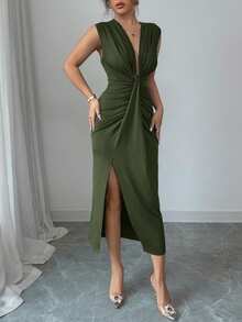 Rafferiza Elegant Sleeveless Blue V-Neck Draped Hem Split Dress For Women, Spring/Summer - Army Green - View 3