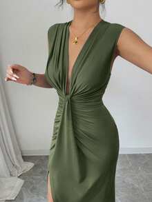 Rafferiza Elegant Sleeveless Blue V-Neck Draped Hem Split Dress For Women, Spring/Summer - Army Green - View 6