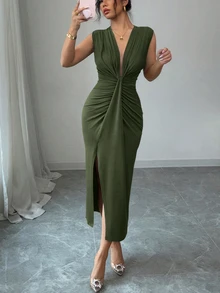 Rafferiza Elegant Sleeveless Blue V-Neck Draped Hem Split Dress For Women, Spring/Summer - Army Green - View 7