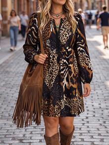 LanaWest CURVE Plus Size Women's Leopard Print Colorblock Casual Daily Summer Dress - Brown - View 1