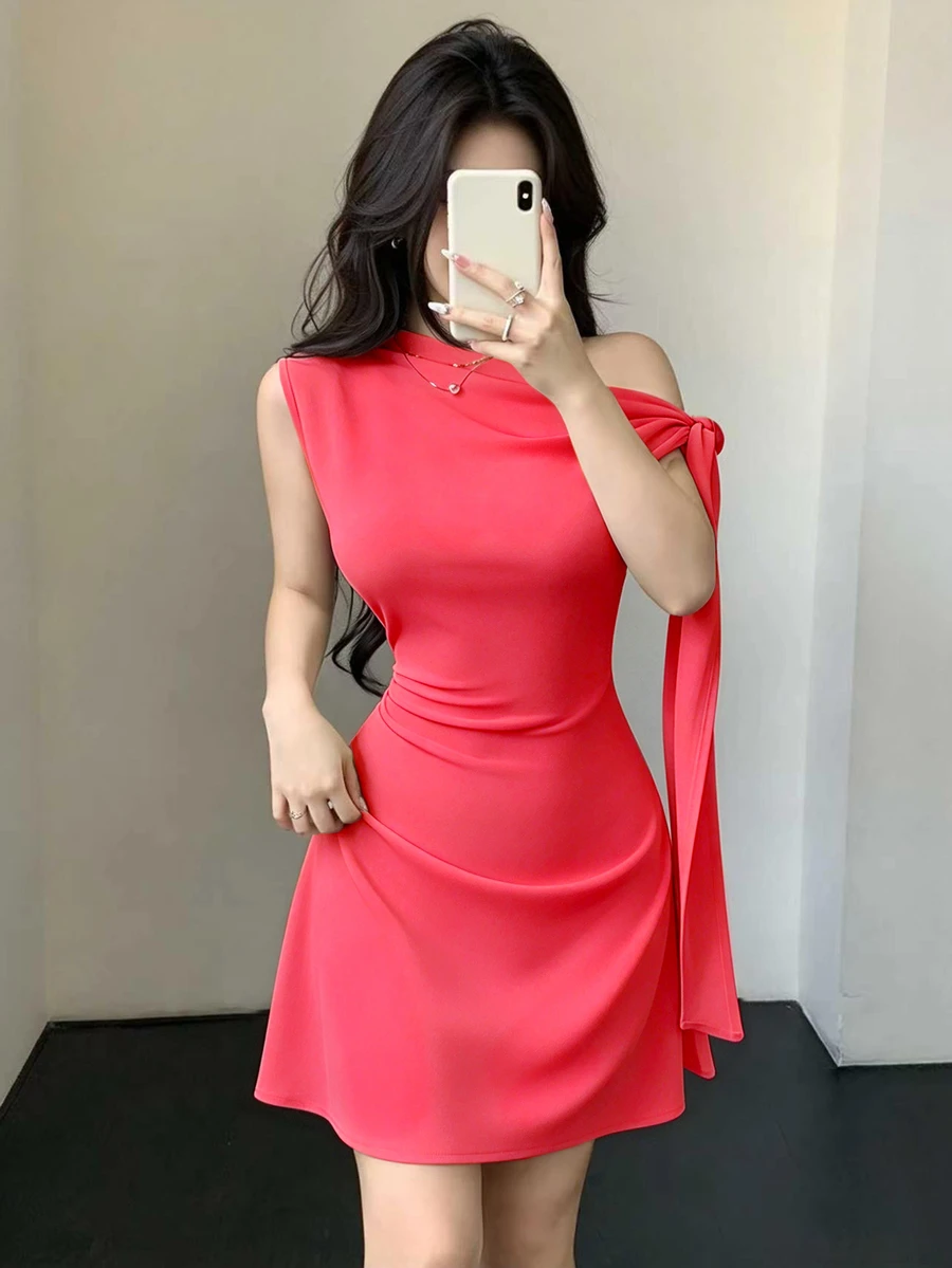 SHEIN Unity 女式不对称系带腰短连衣裙 - 玫紅色 - 查看 1