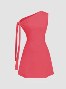 SHEIN Unity 女式不对称系带腰短连衣裙 - 玫紅色 - 查看 5