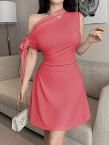 SHEIN Unity 女式不对称系带腰短连衣裙 - 玫紅色 - 查看 4