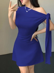 SHEIN Unity فستان قصير للنساء بخصر مربوط بشكل غير متماثل - أزرق غامق - مشاهدة 8