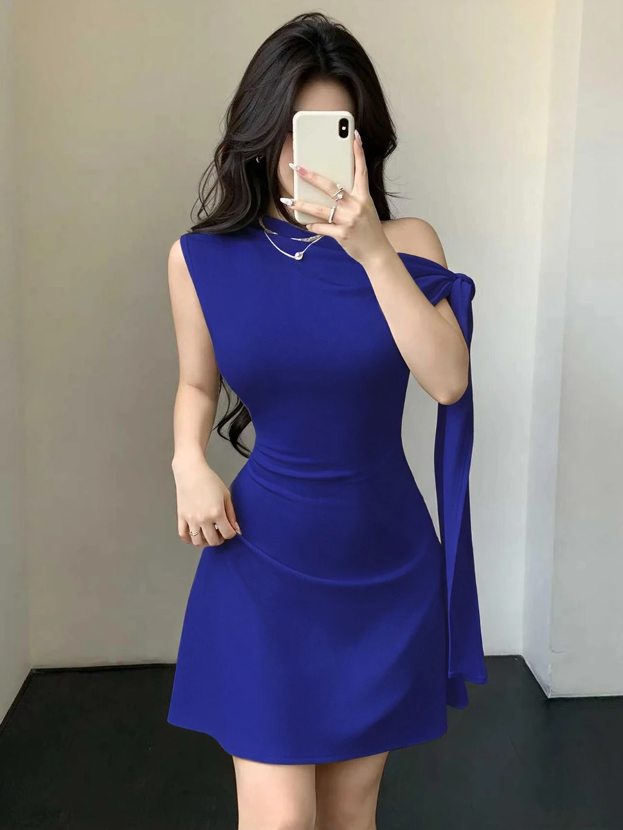 SHEIN Unity فستان قصير للنساء بخصر مربوط بشكل غير متماثل - أزرق غامق - مشاهدة 1