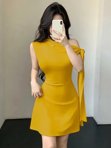 SHEIN Unity Women's Asymmetric Tie-Up Waist Short Dress - Yellow - View 1