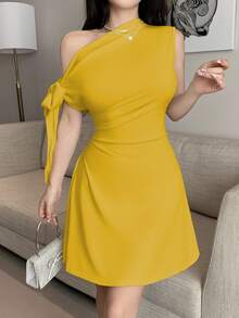 SHEIN Unity Women's Asymmetric Tie-Up Waist Short Dress - Yellow - View 5