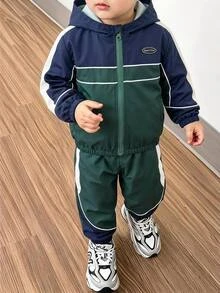 2件組男孩休閒街頭風口號印花拼接長袖拉鍊開襟外套與長褲套裝，適合春秋日常休閒穿著，適合秋冬穿著，舒適面料，時尚版型，秋冬新款，適合多季節與多場合 - 綠色 - 查看 1