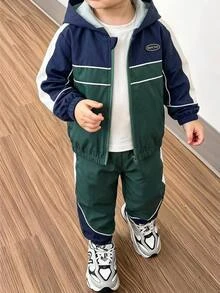 2件組男孩休閒街頭風口號印花拼接長袖拉鍊開襟外套與長褲套裝，適合春秋日常休閒穿著，適合秋冬穿著，舒適面料，時尚版型，秋冬新款，適合多季節與多場合 - 綠色 - 查看 6