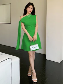 SHEIN Unity 女士不对称系带腰部短裙 - 綠色 - 查看 5