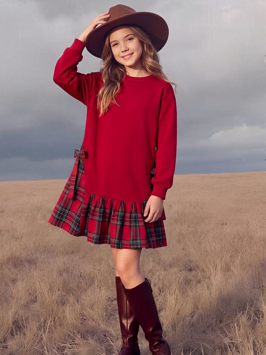 SHEIN Tween Girls Tween Girl Tween Girl Kids Simple Plaid Patchwork Autumn/Winter Holiday Casual Everyday Red Christmas Dress - Red - View 1