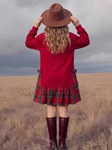 SHEIN Tween Girls Tween Girl Tween Girl Kids Simple Plaid Patchwork Autumn/Winter Holiday Casual Everyday Red Christmas Dress - Red - View 2