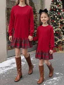 SHEIN Tween Girls Tween Girl Tween Girl Kids Simple Plaid Patchwork Autumn/Winter Holiday Casual Everyday Red Christmas Dress - Red - View 6