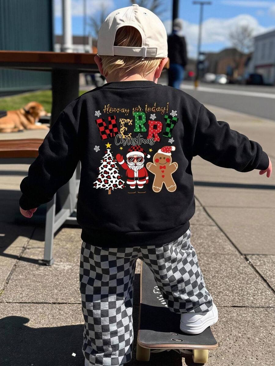 Young Boys Black Sweatshirt, Left Chest Printed With Cool Fashion Glasses Santa Claus Pattern, Paired With Colorful HOHOHO Letters, Stars And Snowflakes Decoration, Large Christmas Print On Back Including Santa Claus, Gingerbread Man And Leopard Print Christmas Tree, Paired With English Text, Snowflake And Star Accents, Ribbed Collar And Hem - Black - View 1