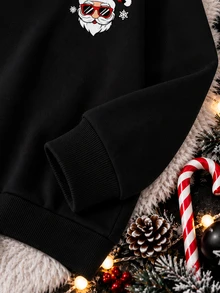 Young Boys Black Sweatshirt, Left Chest Printed With Cool Fashion Glasses Santa Claus Pattern, Paired With Colorful HOHOHO Letters, Stars And Snowflakes Decoration, Large Christmas Print On Back Including Santa Claus, Gingerbread Man And Leopard Print Christmas Tree, Paired With English Text, Snowflake And Star Accents, Ribbed Collar And Hem - Black - View 6